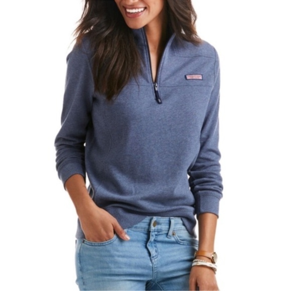 Vineyard Vines Shep Shirt 1/4 Zip Pullover Blue Pink Whale Logo Cotton Size S